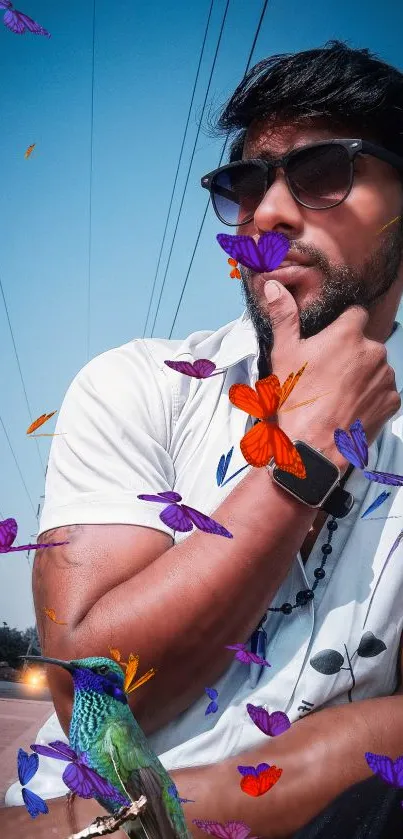Stylish man with colorful butterflies in vibrant, fantasy art wallpaper.