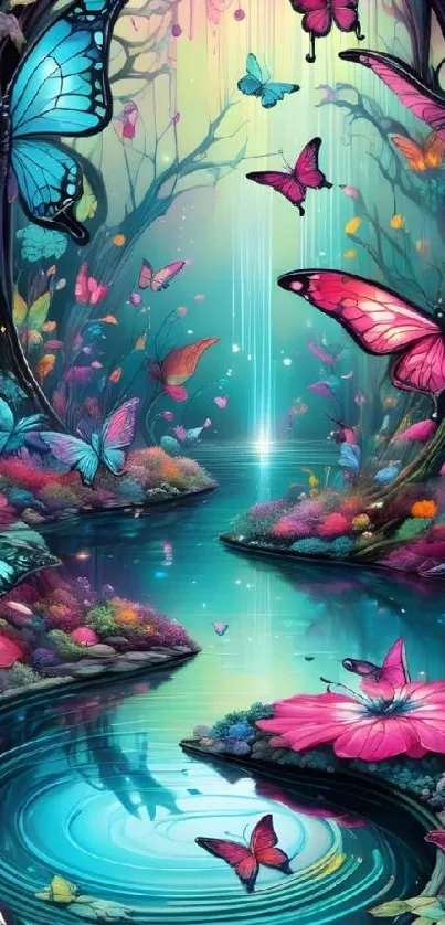 Vivid teal and pink fantasy butterfly forest wallpaper.