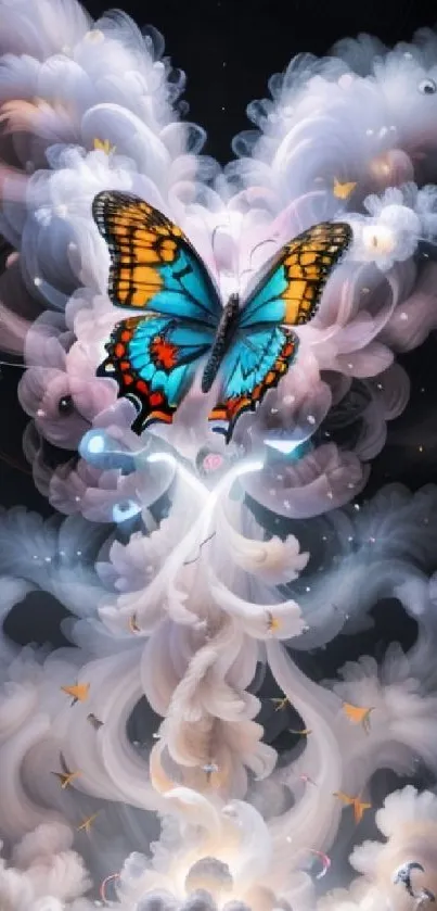 Fantasy wallpaper with a vivid butterfly and swirling clouds.