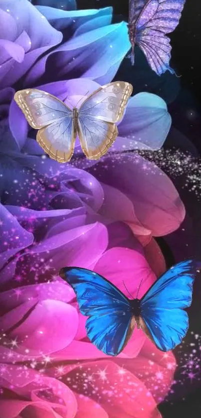 Fantasy butterfly and floral wallpaper with vibrant colors and starry accents.