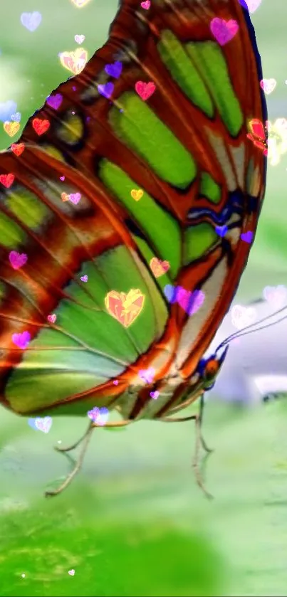 Colorful butterfly with hearts wallpaper.