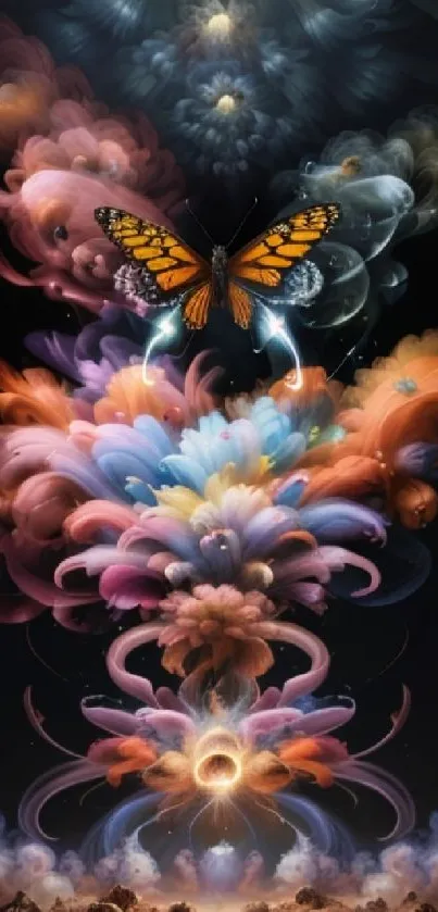 Butterfly in colorful, swirling clouds on fantasy mobile wallpaper.