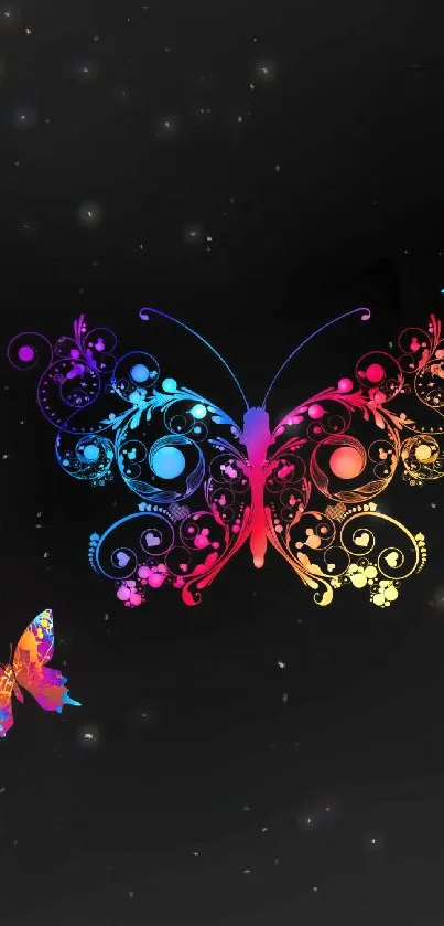 Vibrant butterfly design against a dark background, ideal for phone wallpaper.