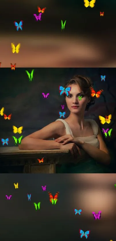 Artistic wallpaper of a woman surrounded by colorful butterflies.