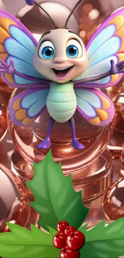 Cartoon butterfly on rose-gold background with holly.