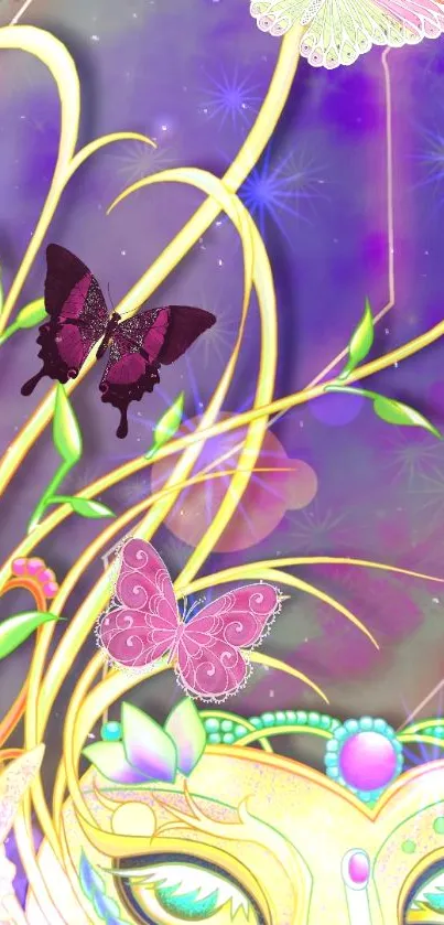 Colorful fantasy art with butterflies and masks on a purple background.