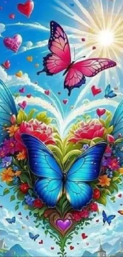 Colorful fantasy art with butterflies and flowers in a vibrant heart shape.