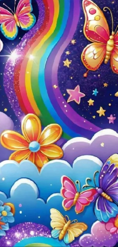 Fantasy wallpaper with butterflies, rainbows, and stars in vibrant colors.