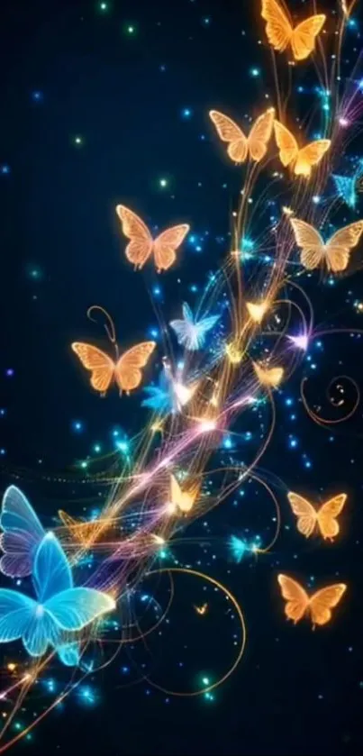 Bright neon butterflies on starry night background.