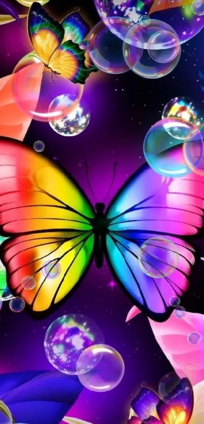 Colorful butterfly in a fantasy art scene with glowing orbs and vibrant colors.