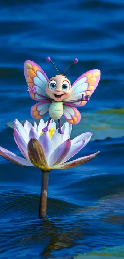 Cartoon butterfly on flower in blue waters.