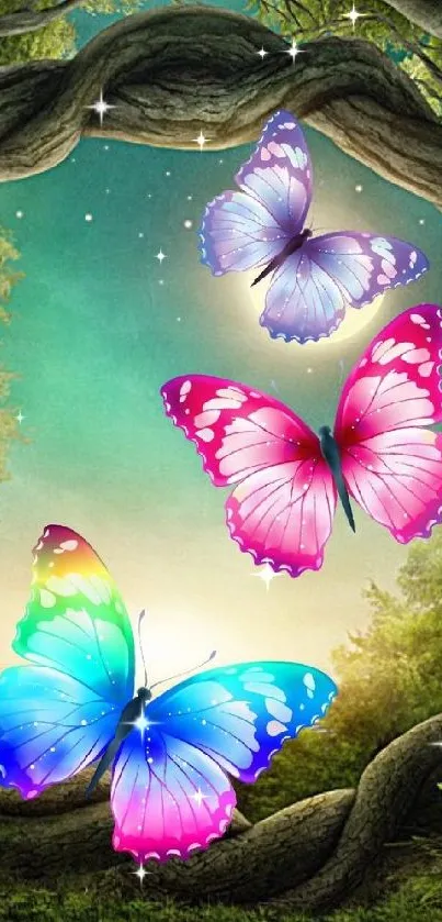 Colorful butterflies in a mystical forest setting.