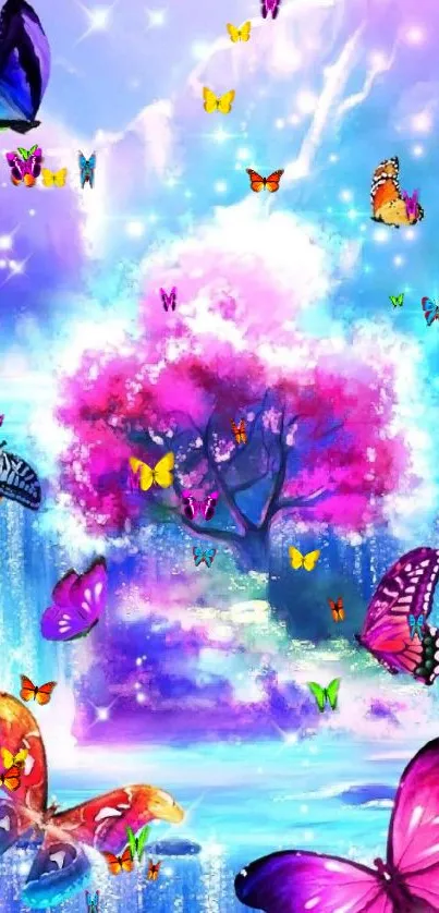 Fantasy wallpaper with butterflies and a pink tree.