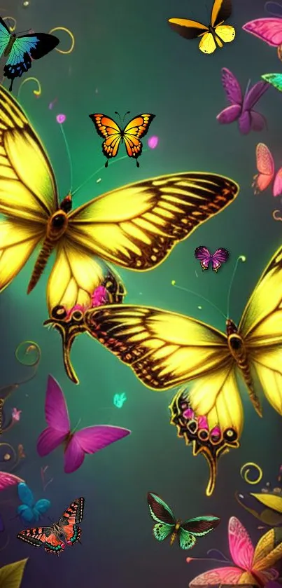 Colorful butterfly fantasy wallpaper with vibrant flowers.