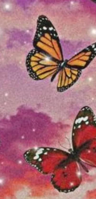 Colorful butterflies on a dreamy pink sky wallpaper.