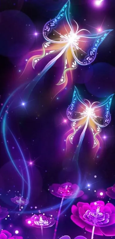 Fantasy wallpaper with glowing butterflies and flowers.