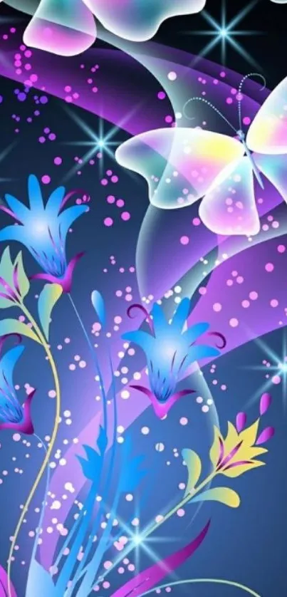 Colorful butterfly and floral art on dark wallpaper.