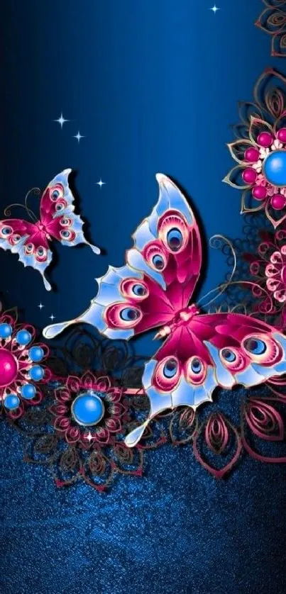 Vibrant butterfly floral wallpaper with pink and blue hues.