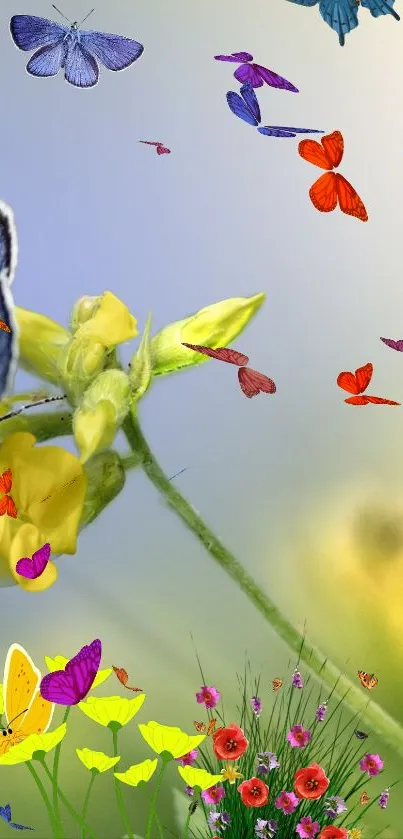 Colorful butterflies and flowers on green background wallpaper