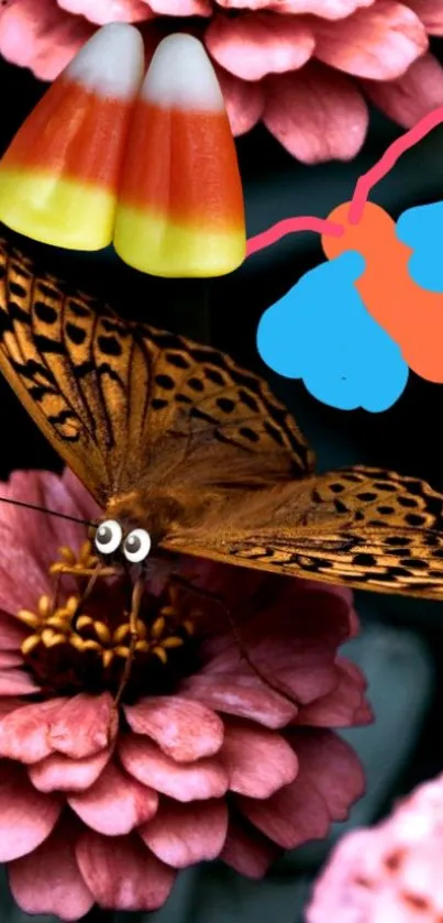 Butterfly with googly eyes amidst pink flowers and candy art.