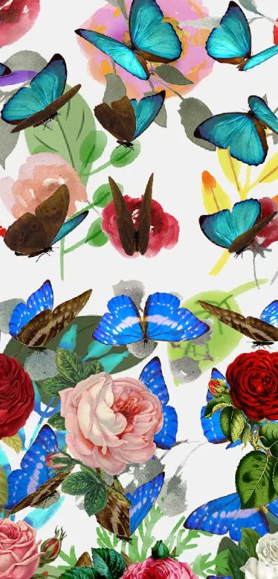 Vibrant wallpaper of blue butterflies and colorful flowers on a white background.