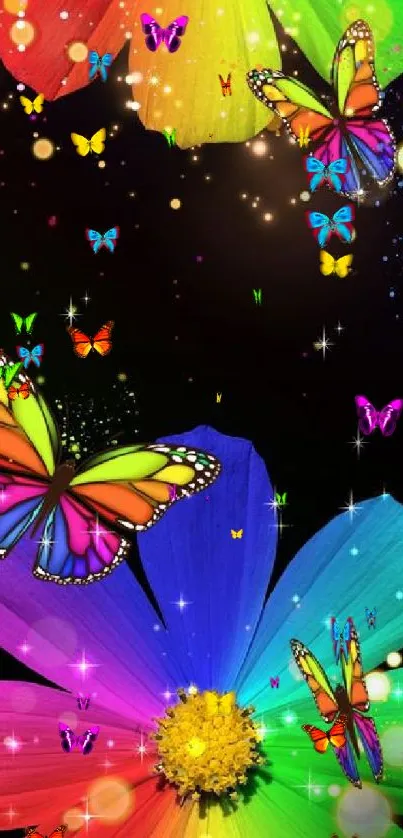 Colorful butterflies and flowers on a starry black background.