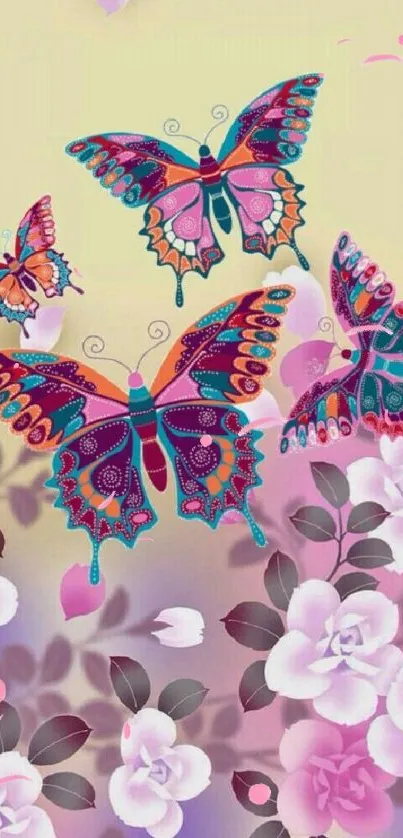 Vibrant wallpaper with butterflies and floral designs.