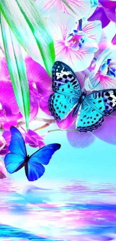 Vibrant mobile wallpaper with butterflies and flowers in aqua, purple, and pink hues.