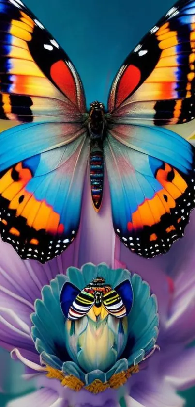 Colorful butterfly resting on a lotus flower in vibrant shades.