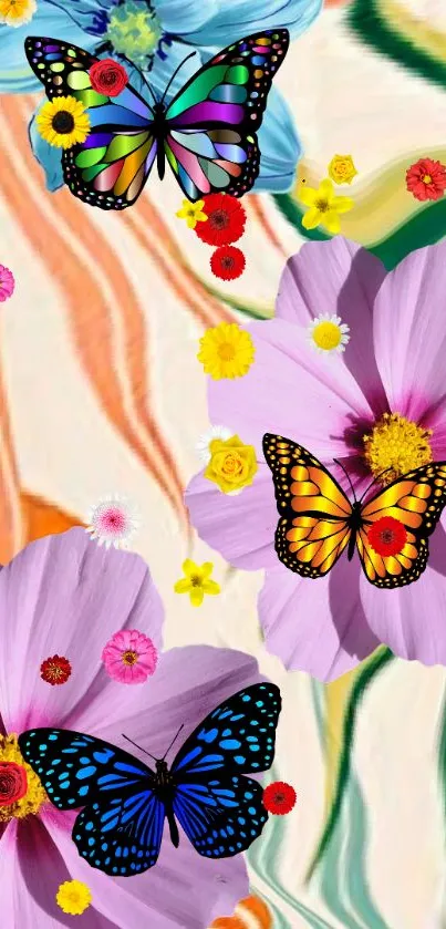 Colorful butterflies and flowers wallpaper.