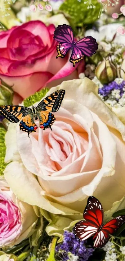 Butterflies rest on pink and cream roses in a vibrant wallpaper.