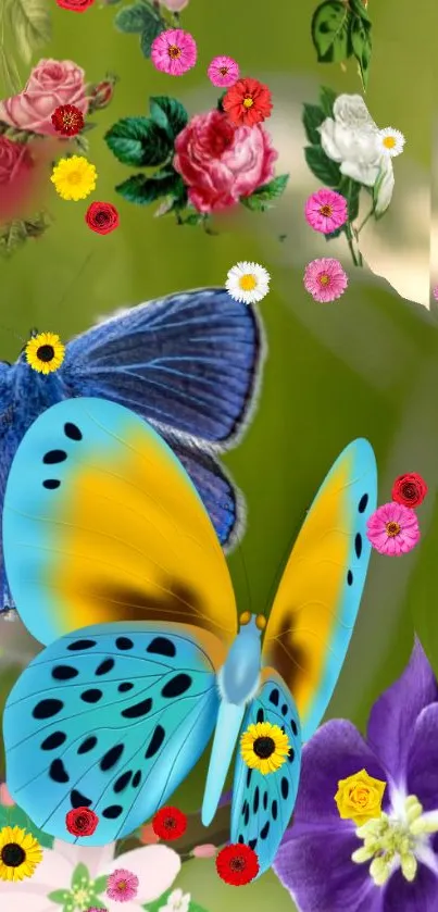 Colorful butterflies and flowers on a vibrant green wallpaper.