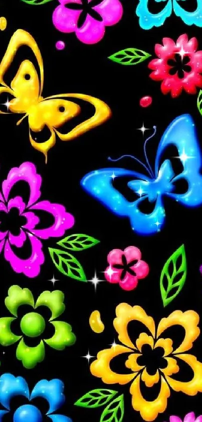 Colorful neon butterfly and floral wallpaper on black background.