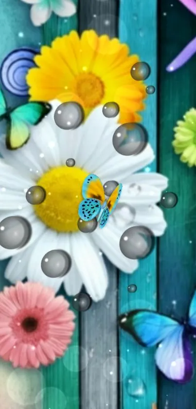 Vibrant wallpaper with butterflies and daisies in blue tones.