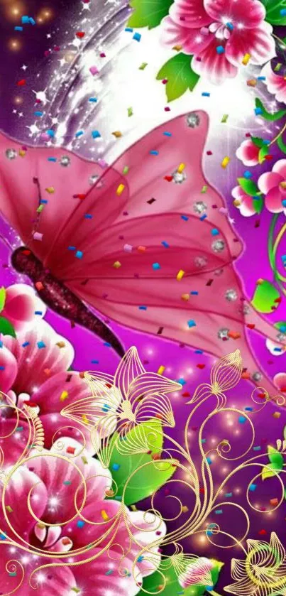 Vibrant pink butterfly and flowers mobile wallpaper.