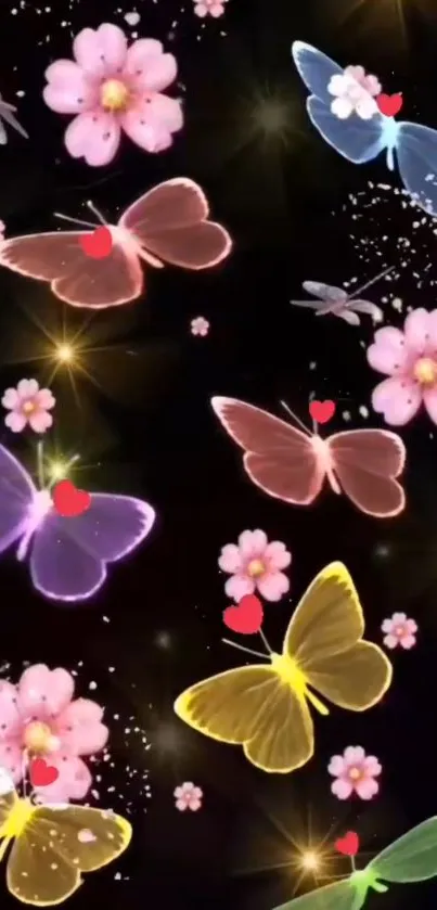 Colorful butterflies with flowers on a dark background.