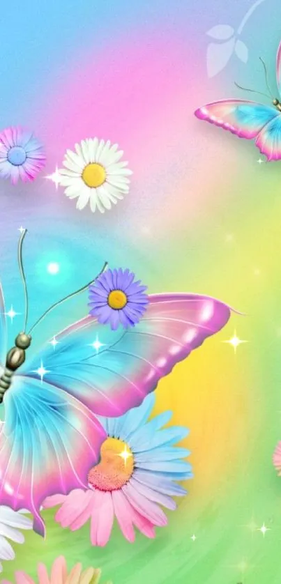 Colorful butterfly and flowers mobile wallpaper with vibrant pastel hues.