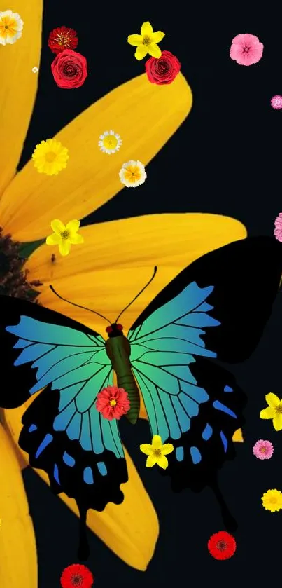 Colorful butterfly and flowers on a dark background, nature-inspired wallpaper art.