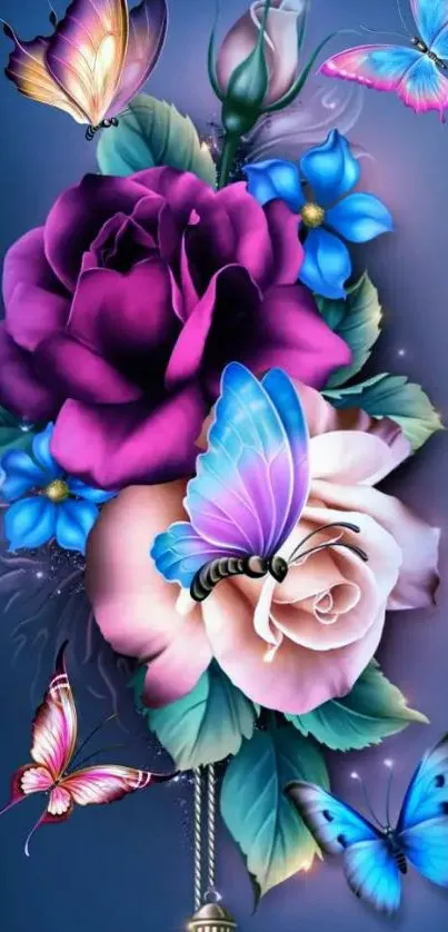 Colorful wallpaper with butterflies and flowers in vibrant hues.