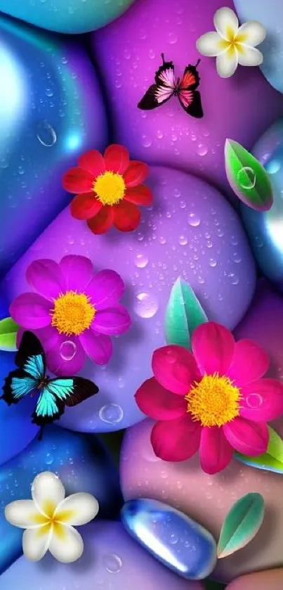 Vibrant mobile wallpaper with colorful flowers, butterflies, and smooth rocks.