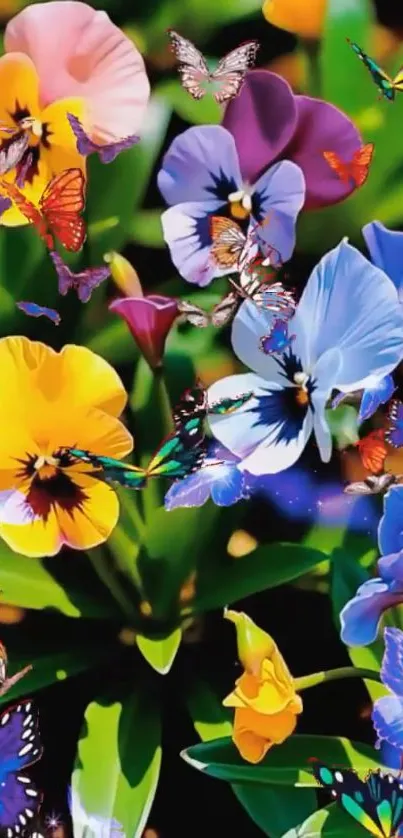 Vibrant wallpaper with colorful flowers and butterflies.