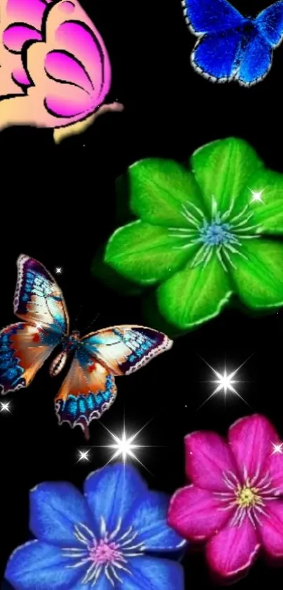 Colorful butterflies and flowers on black background wallpaper.