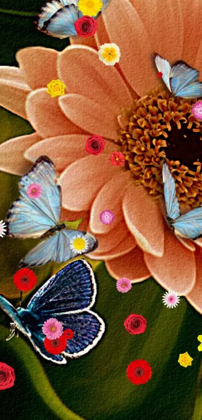 Colorful butterflies on a vibrant flower backdrop.