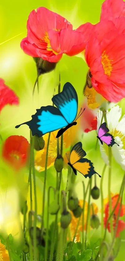 Vibrant mobile wallpaper with butterflies and flowers in a lush, green setting.