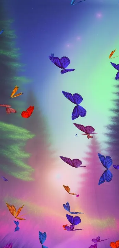 Vibrant butterflies in a mystical colorful forest scene.