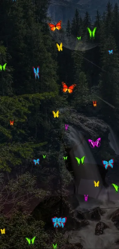 Vibrant butterflies in a lush forest with a waterfall backdrop.