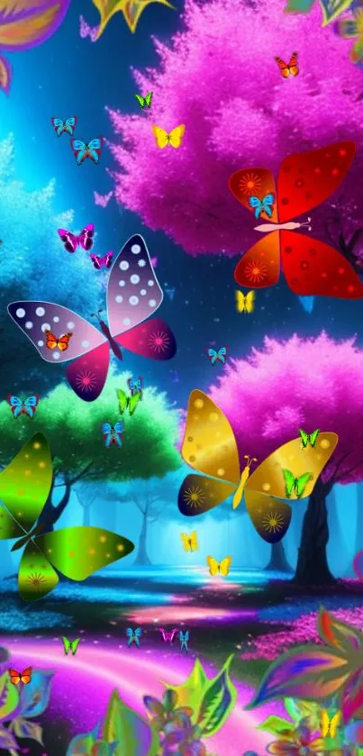 Colorful butterflies flutter in a vibrant forest with pink and blue trees.