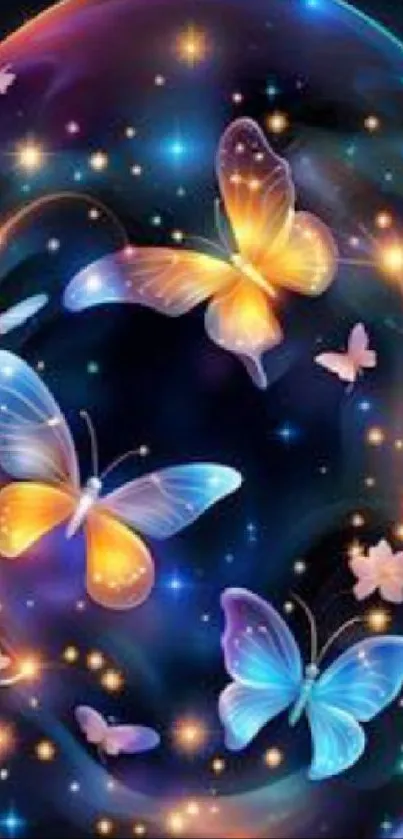 Colorful glowing butterflies in a galaxy theme wallpaper.