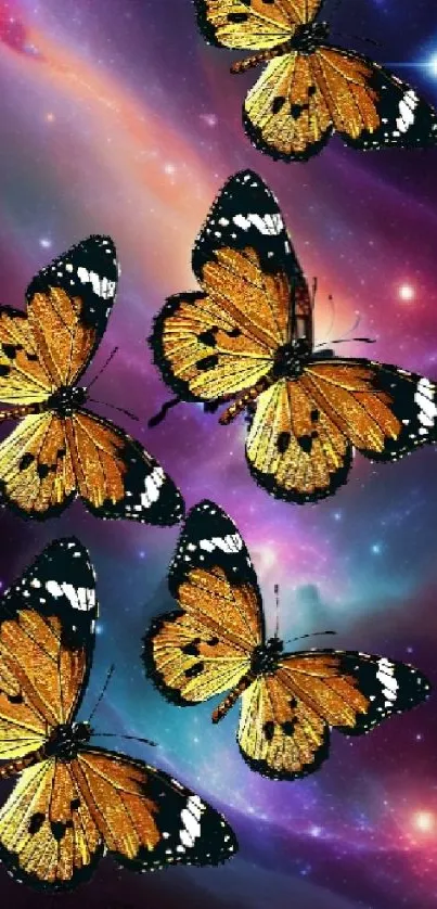 Orange butterflies against a galaxy background featuring vibrant cosmic colors.