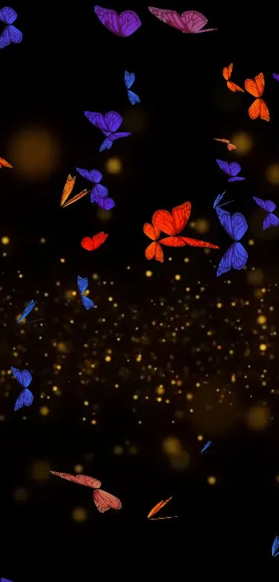 Vibrant butterflies on a galaxy background with golden sparkles.